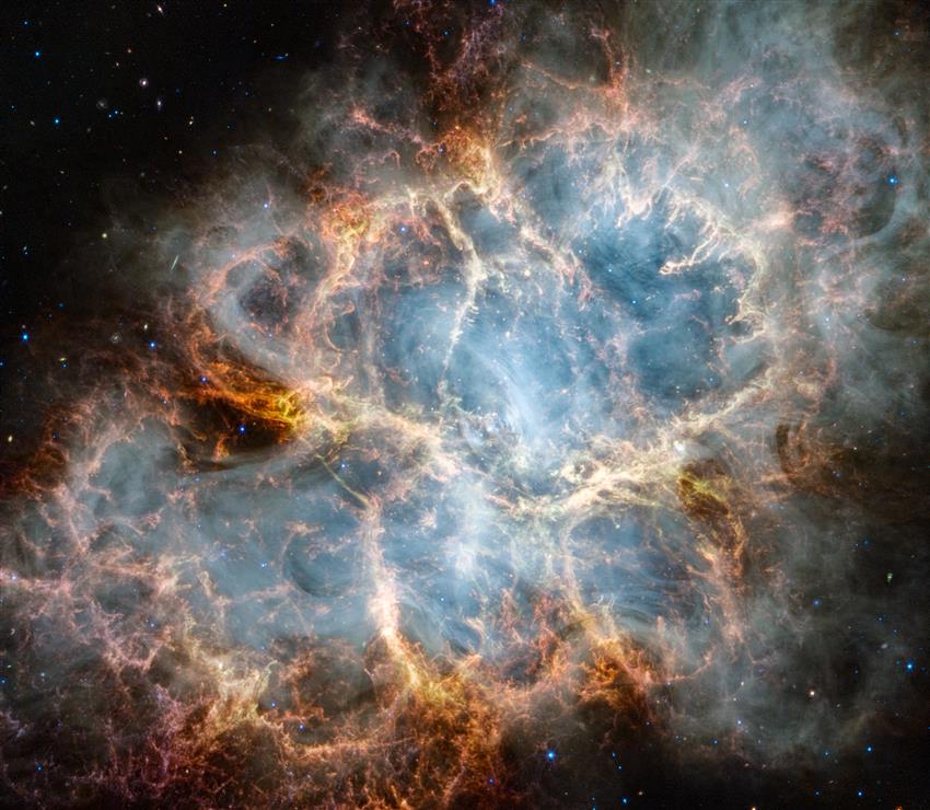 The Crab Nebula seen by James Webb Space Telescope's NIRCam (Near-Infrared Camera) and MIRI (Mid-Infrared Instrument)