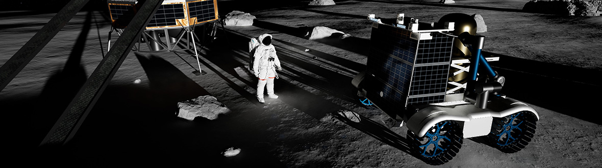 Un astronaute, un atterrisseur et un rover sur la Lune