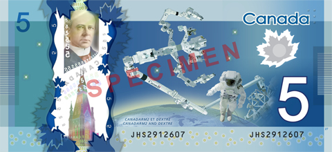 Image of Canadarm2 on the $5 Canadian note