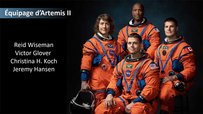 Photo de groupe des quatre astronautes de la mission Artemis II vêtus de leur combination spatiale