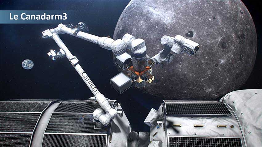 Vue d'artiste du grand bras robotisé Canadarm3 où figure le mot-symbole Canada. Il est fixé à la station Gateway en orbite près de la Lune. On voit la Terre au loin.