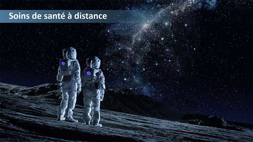 Vue d'artiste de deux astronautes qui admirent le ciel étoilé en explorant la surface de la Lune.