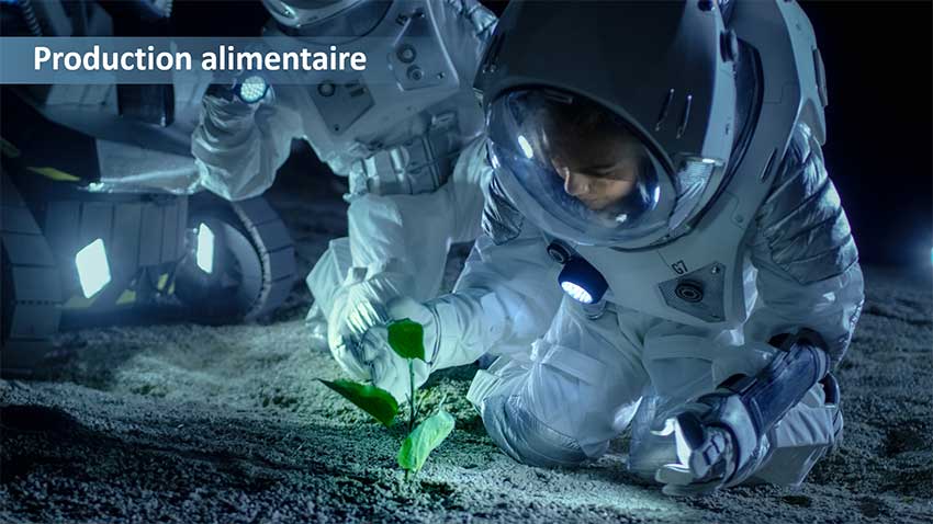Vue d'artiste de deux astronautes qui s'agenouillent sur le sol de la Lune pour examiner une plante qui a réussi à pousser dans le sol aride.