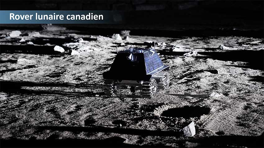 Vue d'artiste d'une petite astromobile sur la surface poussiéreuse et accidentée de la Lune.