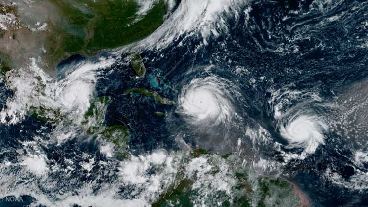 Hurricanes Irma, Jose and Katia in the Atlantic Ocean, captured by satellite