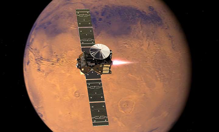 Représentation artistique du Trace Gas Orbiter entamant son entrée dans l'atmosphère martienne
