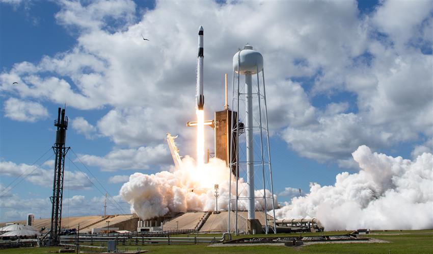 The SpaceX Falcon 9 rocket carrying the Crew Dragon spacecraft is launched on NASA's SpaceX Crew-5 mission to the ISS