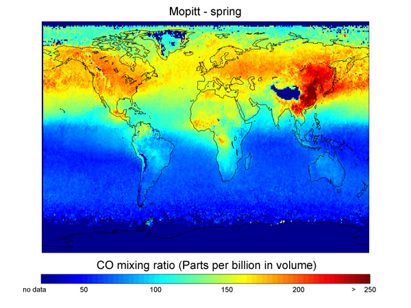 Map of average carbon monoxide concentrations in spring